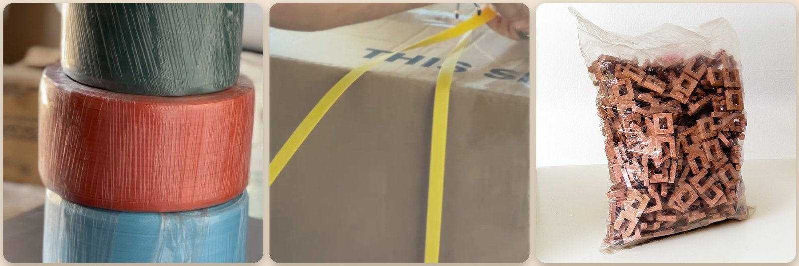 Zuncho plástico de colores, zuncho en una caja y grapas