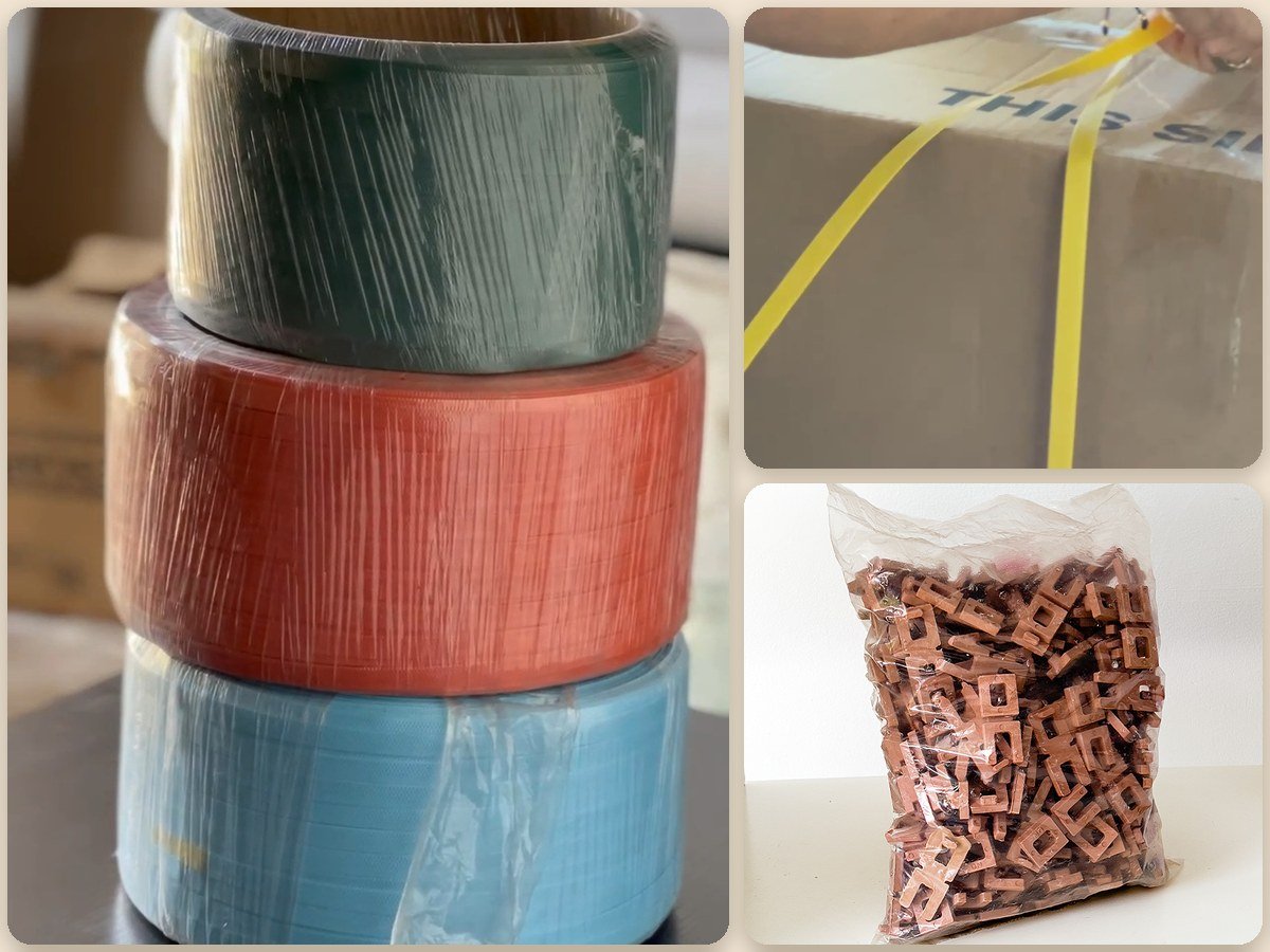 Rollos de zuncho plástico de colores, zuncho en una caja y grapas